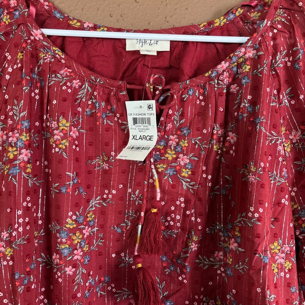 Style & Co Merlot Red Floral Metallic Stripe Tassel Peasant Blouse XL - Picture 2 of 7